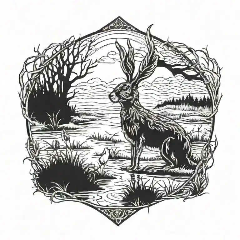 burning hare in the tall swamp marsh grass scenery tattoo featuring dead trees in front of a black night sky  tattoo design idea
