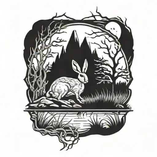 burning hare in the ocean marsh scenery tattoo featuring dead tree  in front of a black background tattoo design idea