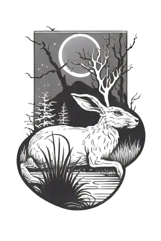dead hare in the tall swamp marsh grass scenery tattoo featuring dead trees in front of a black night sky  tattoo design idea
