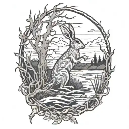 burning hare in the ocean marsh scenery tattoo featuring dead tree with creeping vine tattoo design idea
