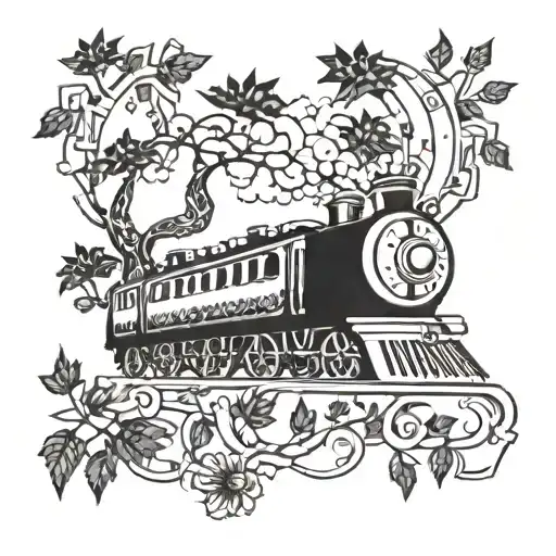 A surrealistic design featuring a train made of intertwining weed plants, with animals grazing in the background tattoo design idea