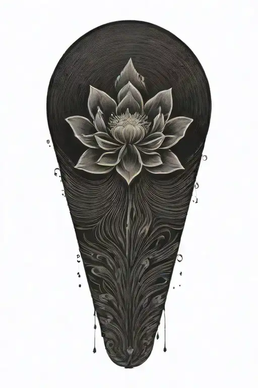 Black lotus flower, geometric, falling, heavy black clouds, curvature, floating on water,  rain  tattoo design idea