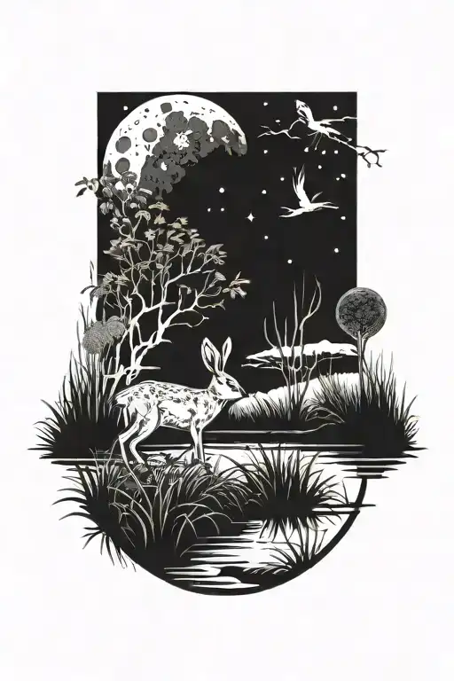 dead hare in the tall swamp marsh grass scenery tattoo featuring dead trees in front of a black night sky  tattoo design idea