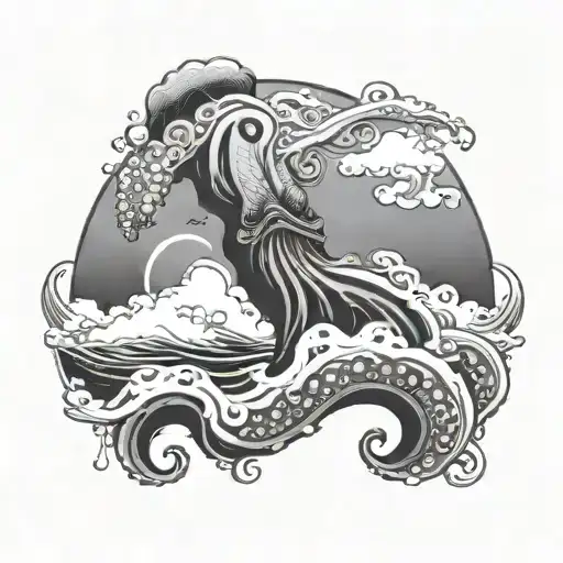 A wise octopus emerging from a swirling ocean wave, with a fierce demeanor, while there is clouds and lightening   tattoo design idea