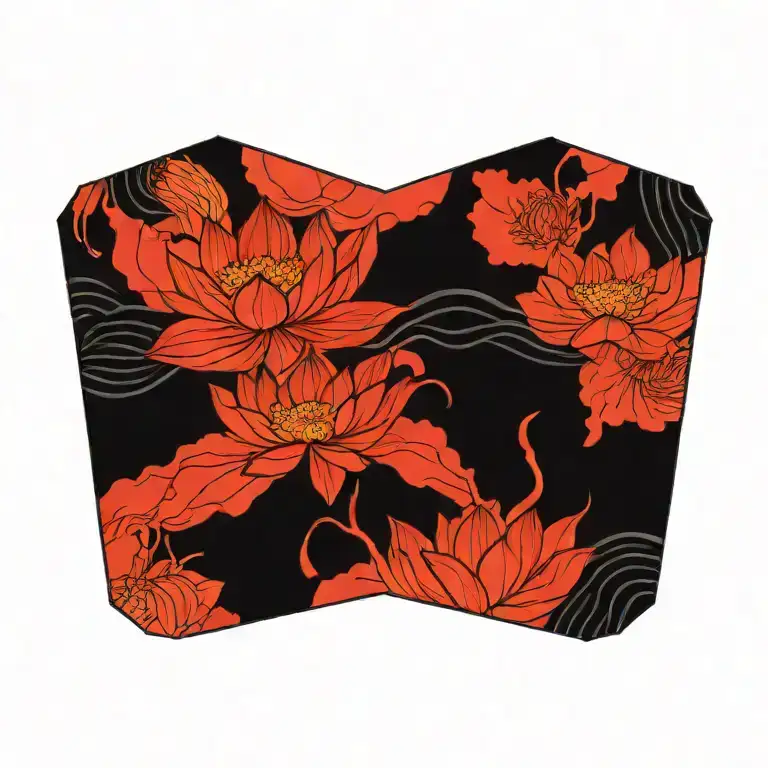 Black lotus flower, geometric, falling, heavy black clouds, curvature, floating on water,  rain  tattoo design idea