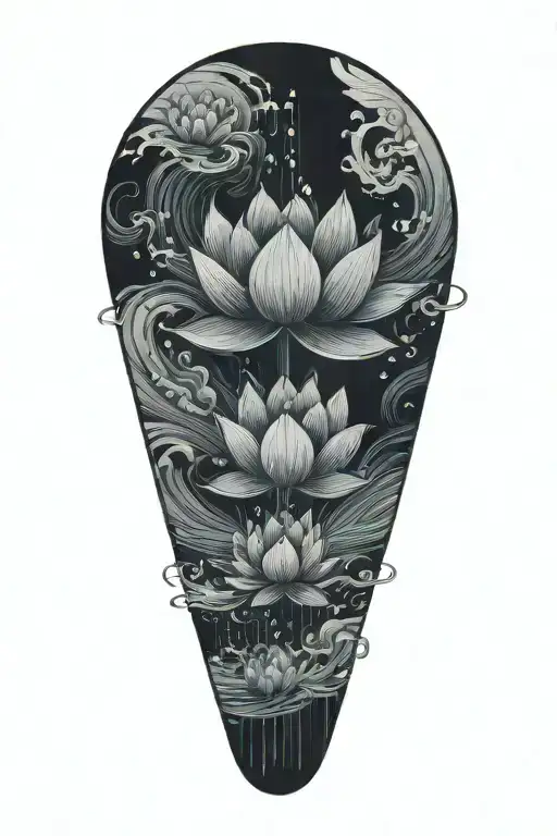 Black lotus flower, geometric, falling, heavy black clouds, curvature, floating on water,  rain  tattoo design idea