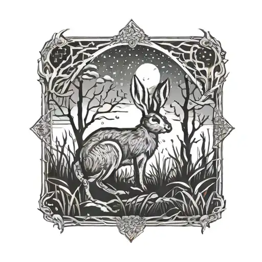 dead hare in the tall swamp marsh grass scenery tattoo featuring dead trees in front of a black night sky  tattoo design idea