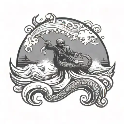 A wise octopus emerging from a swirling ocean wave, with a hunting bow and arrow in its antlers and ak47 tattoo design idea
