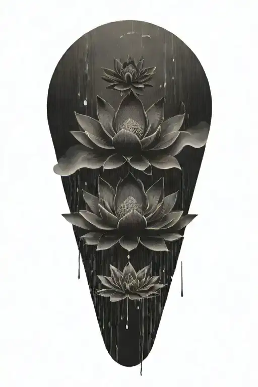 Black lotus flower, geometric, falling, heavy black clouds, curvature, floating on water,  rain  tattoo design idea