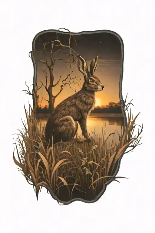 dead hare in the tall swamp marsh grass scenery tattoo featuring dead trees in front of a black night sky  tattoo design idea