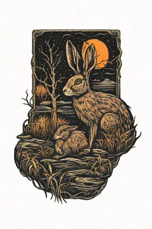dead hare in the tall swamp marsh grass scenery tattoo featuring dead trees in front of a black night sky  tattoo design idea