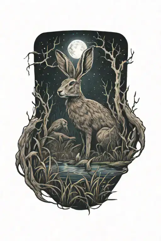 dead hare in the tall swamp marsh grass scenery tattoo featuring dead trees in front of a black night sky  tattoo design idea