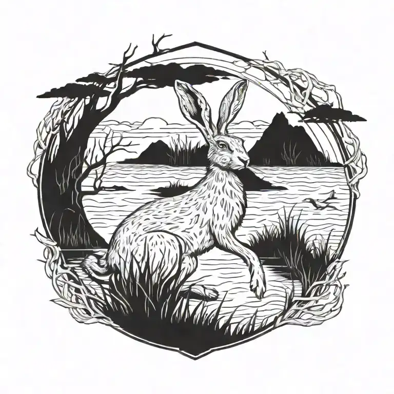 burning hare in the ocean marsh scenery tattoo featuring dead tree  in front of a black background tattoo design idea
