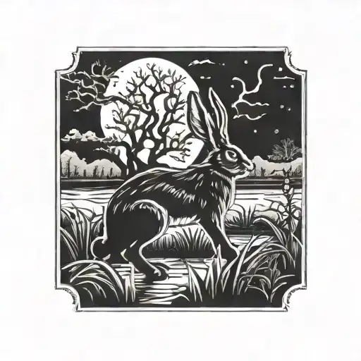 dead hare in the tall swamp marsh grass scenery tattoo featuring dead trees in front of a black night sky  tattoo design idea