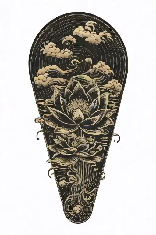 Black lotus flower, geometric, falling, heavy black clouds, curvature, floating on water,  rain  tattoo design idea
