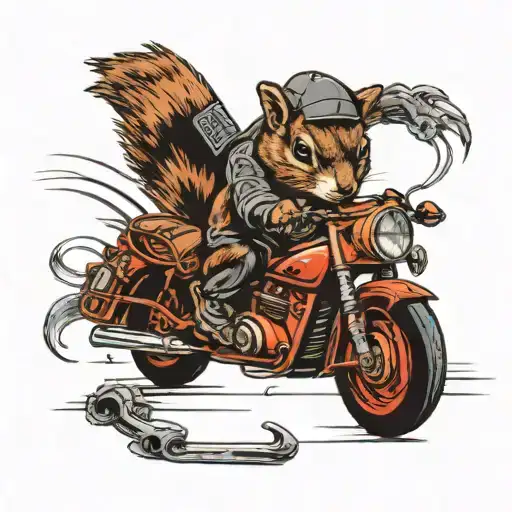 squirrel riding a motorcycle holding an ak47 with a skatboard  tattoo design idea