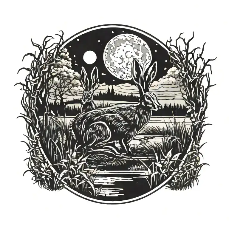 dead hare in the tall swamp marsh grass scenery tattoo featuring dead trees in front of a black night sky  tattoo design idea