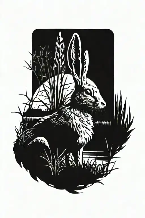 dead hare in the tall swamp marsh grass scenery tattoo featuring dead trees in front of a black night sky  tattoo design idea