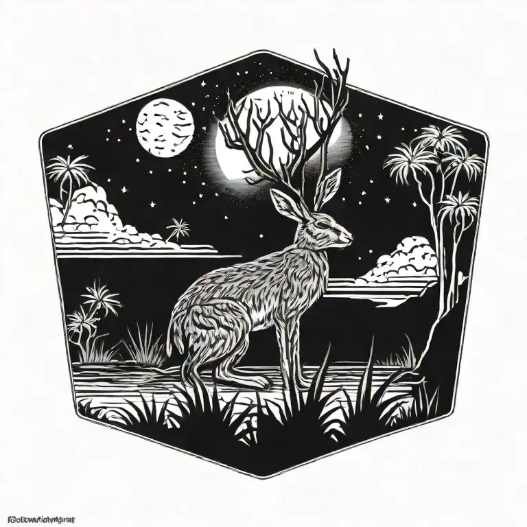 burning hare in the ocean marsh scenery tattoo featuring dead palm tree  in front of a black night sky  tattoo design idea