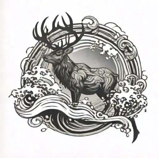 A majestic stag emerging from a swirling ocean wave, with a hunting bow and arrow in its antlers tattoo design idea