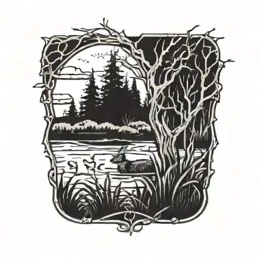 hare in the marsh scenery tattoo featuring dead tree with creeping vines tattoo design idea