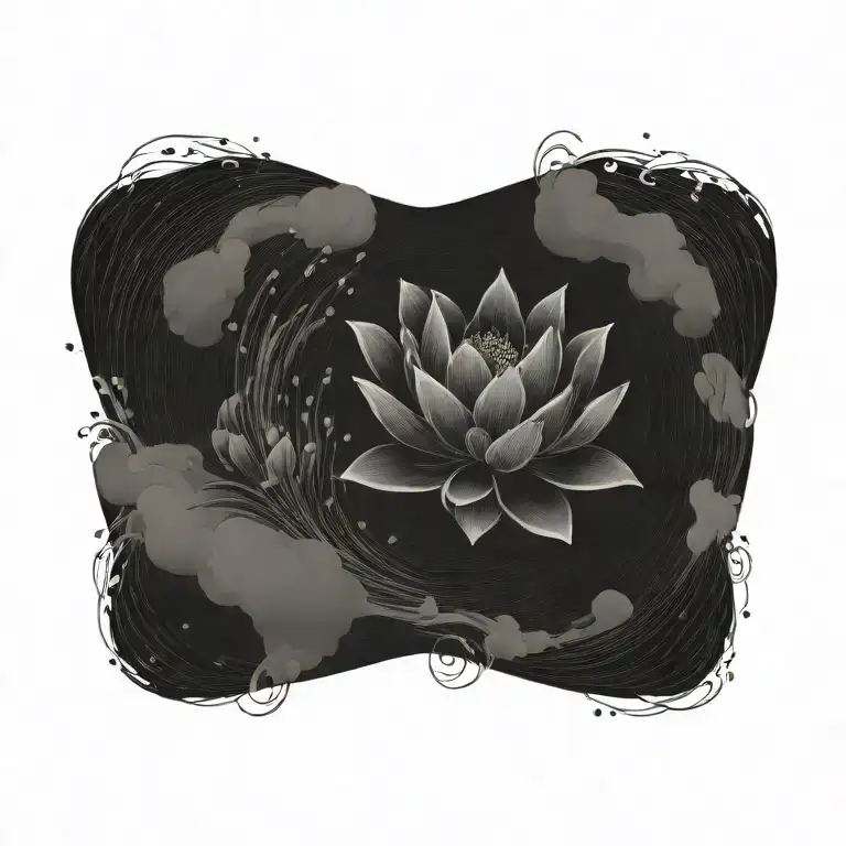 Black lotus flower, geometric, falling, heavy black clouds, curvature, floating on water,  rain  tattoo design idea