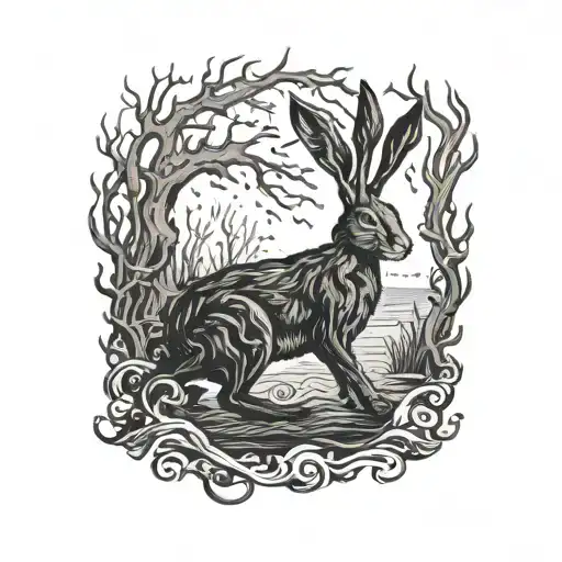burning hare in the ocean marsh scenery tattoo featuring dead tree with creeping vine in front of a black background tattoo design idea