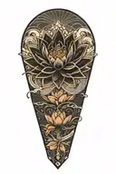 Black lotus flower, geometric, falling, heavy black clouds, curvature, floating on water,  rain  tattoo design idea