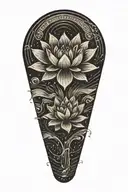 Black lotus flower, geometric, falling, heavy black clouds, curvature, floating on water,  rain  tattoo design idea