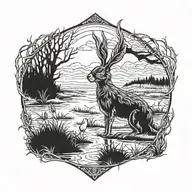 burning hare in the tall swamp marsh grass scenery tattoo featuring dead trees in front of a black night sky  tattoo design idea