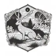 burning hare in the tall swamp marsh grass scenery tattoo featuring dead trees in front of a black night sky  tattoo design idea