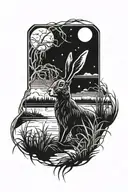 dead hare in the tall swamp marsh grass scenery tattoo featuring dead trees in front of a black night sky  tattoo design idea