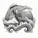 A wise octopus emerging from a swirling ocean wave, with a fierce demeanor, while there is clouds and lightening   tattoo design idea