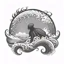 A wise octopus emerging from a swirling ocean wave, with a fierce demeanor, while there is clouds and lightening   tattoo design idea