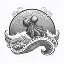 A wise octopus emerging from a swirling ocean wave, with a fierce demeanor, while there is clouds and lightening   tattoo design idea
