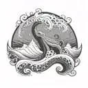 A wise octopus emerging from a swirling ocean wave, with a fierce demeanor, while there is clouds and lightening   tattoo design idea