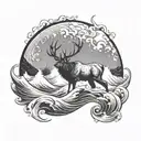 A majestic stag emerging from a swirling ocean wave, with a hunting bow and arrow in its antlers and ak47 tattoo design idea