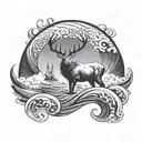 A majestic stag emerging from a swirling ocean wave, with a hunting bow and arrow in its antlers and ak47 tattoo design idea