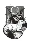 dead hare in the tall swamp marsh grass scenery tattoo featuring dead trees in front of a black night sky  tattoo design idea