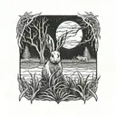 dead hare in the tall swamp marsh grass scenery tattoo featuring dead trees in front of a black night sky  tattoo design idea