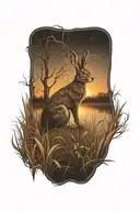 dead hare in the tall swamp marsh grass scenery tattoo featuring dead trees in front of a black night sky  tattoo design idea