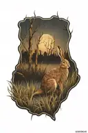 dead hare in the tall swamp marsh grass scenery tattoo featuring dead trees in front of a black night sky  tattoo design idea