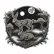 burning hare in the ocean marsh scenery tattoo featuring dead tree  in front of a black night sky  tattoo design idea