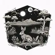 burning hare in the ocean marsh scenery tattoo featuring dead tree  in front of a black night sky  tattoo design idea