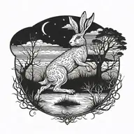 burning hare in the ocean marsh scenery tattoo featuring dead tree  in front of a black night sky  tattoo design idea