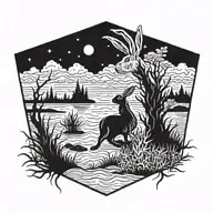 burning hare in the ocean marsh scenery tattoo featuring dead tree  in front of a black night sky  tattoo design idea