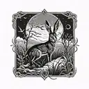 dead hare in the tall swamp marsh grass scenery tattoo featuring dead trees in front of a black night sky  tattoo design idea