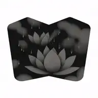 Black lotus flower, geometric, falling, heavy black clouds, curvature, floating on water,  rain  tattoo design idea