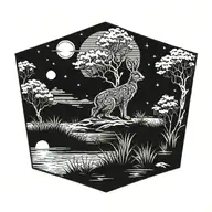 burning hare in the ocean marsh scenery tattoo featuring dead palm tree  in front of a black night sky  tattoo design idea