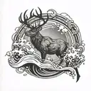 A majestic stag emerging from a swirling ocean wave, with a hunting bow and arrow in its antlers tattoo design idea